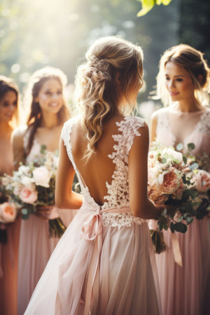 Beautiful bride with bridesmaids in wedding dress on backgroundの素材