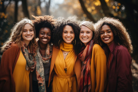 Portrait of a group of smiling young women in the autumn parkの素材
