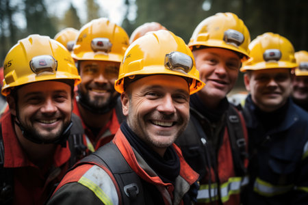 Portrait of a group of firemen in hardhats.の素材