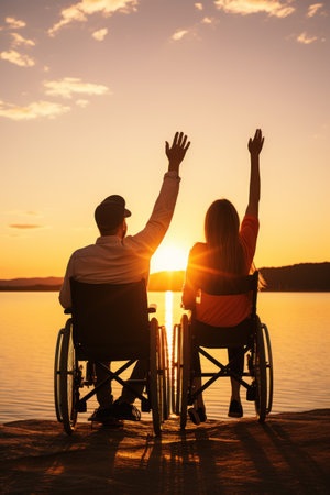 Disabled man and woman in a wheelchair at sunset. Disabled people concept.の素材