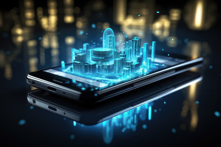 Smartphone with futuristic city hologram on dark background 3D renderingの素材