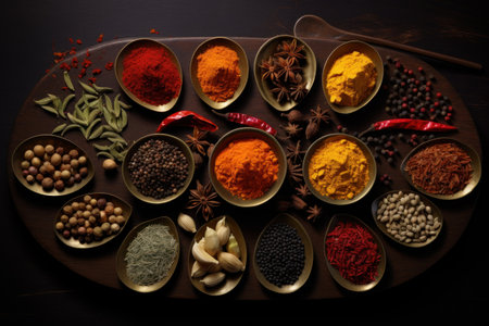 Spices and herbs on wooden background. Food and cuisine ingredients.の素材