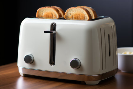 Toaster with toasts on a wooden table in the kitchen.の素材