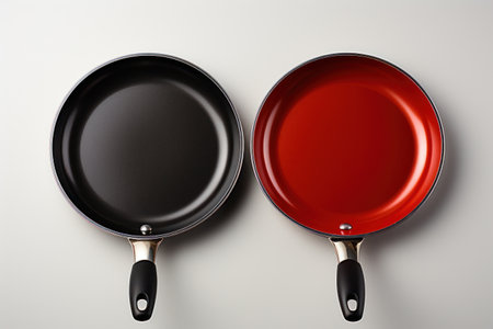 Empty black and red frying pan on white background. Top view.の素材