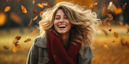 Happy young woman throwing autumn leaves in the air in the park.の素材
