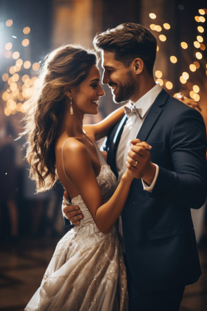 Wedding couple in love, bride and groom dancing in cafeの素材