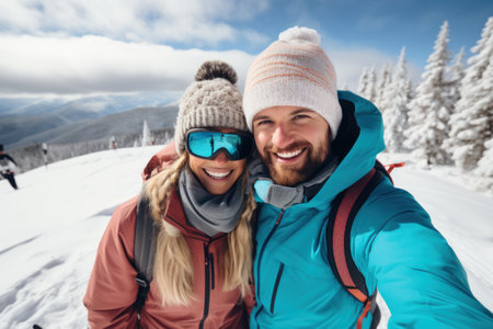 Happy couple taking selfie in winter mountains. They are smiling and looking at camera.の素材