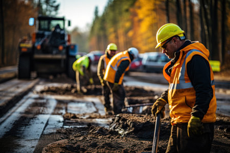 Workers on a construction site are working on the new road.の素材