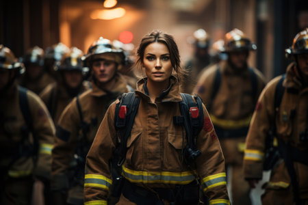 Portrait of a firewoman standing in front of the firemenの素材
