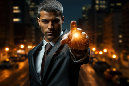 Young asian businessman against night city background touching virtual screen with fingerの素材