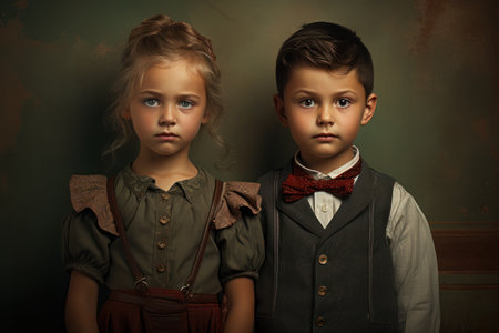 Portrait of a boy and girl in the style of the 1800s.の素材