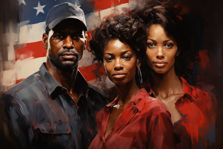 Group of african american women and man with american flagの素材