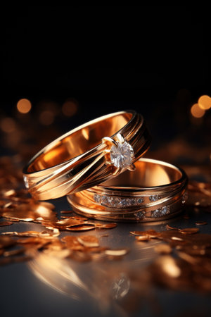 wedding rings on a black background with bokeh effectの素材