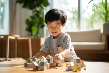 Cute asian boy playing with building blocks in the living room at homeの素材