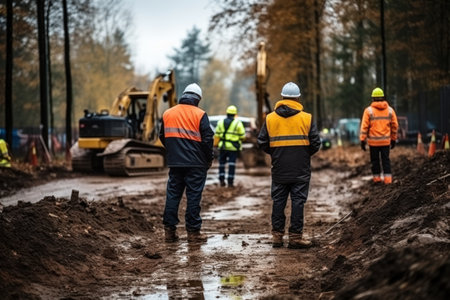 Team of engineers and construction workers working on a road construction site.の素材
