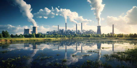 Industrial landscape with smoking chimneys on a background of blue skyの素材