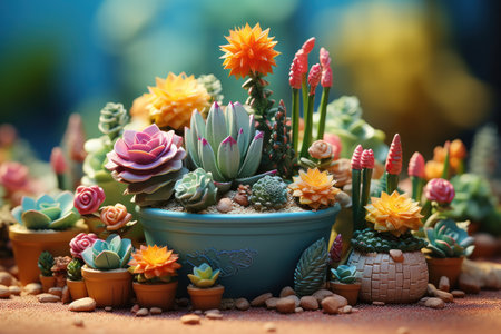 Miniature succulent plants in a pot on a colorful background.の素材