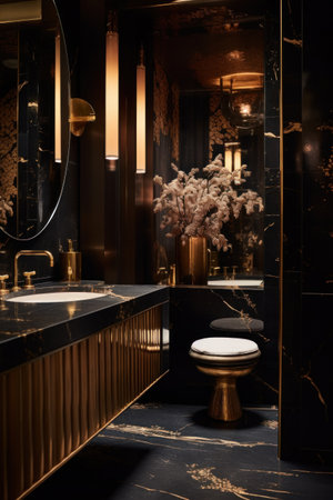 Interior of luxury bathroom with black marble walls and floor, shower and toiletの素材