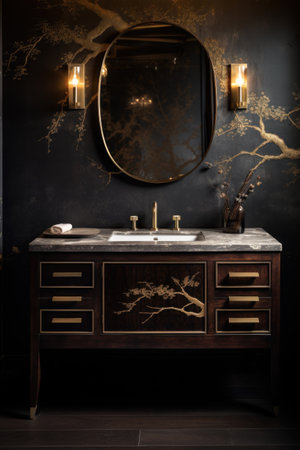 Bathroom interior with wooden vanity cabinet and mirror in dark tonesの素材