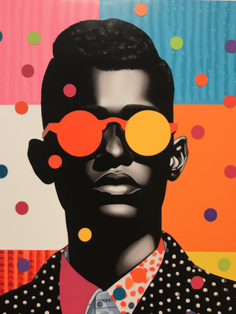 Portrait of a man with colorful circles around his head. Contemporary art collage.の素材