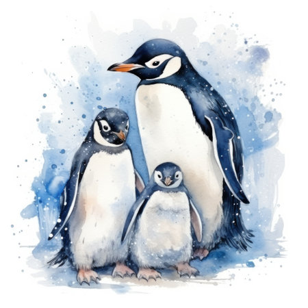 Penguin family. Watercolor illustration isolated on white background.の素材