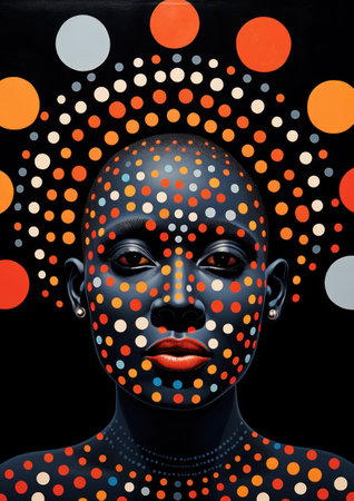 Digital illustration of a female face with halftone dots on black backgroundの素材