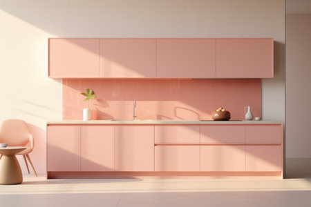 Pink modern kitchen interior with beige walls, tiled floor, pink countertops and cupboards. 3d renderingの素材