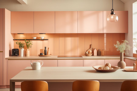 Modern kitchen interior with pink walls, wooden floor, beige countertops and cupboards. 3d renderの素材