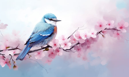 Watercolor painting of a blue bird on a branch of sakuraの素材