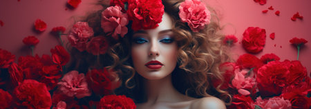 Beautiful young woman with red flowers. Beauty, fashion. Cosmetics.の素材
