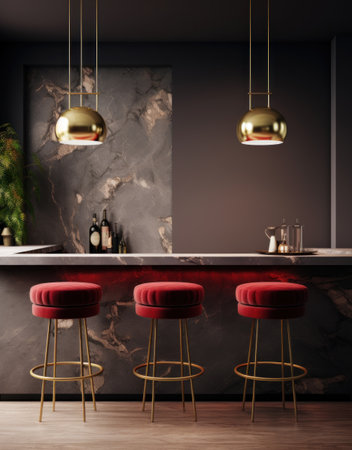 Interior of modern kitchen with gray walls, concrete floor, red bar with stools and dark wooden countertops. 3d renderingの素材