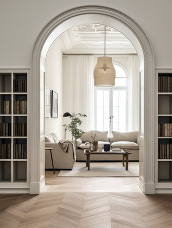 Luxury living room interior with white walls, wooden floor, comfortable sofa and bookcase. 3d renderの素材