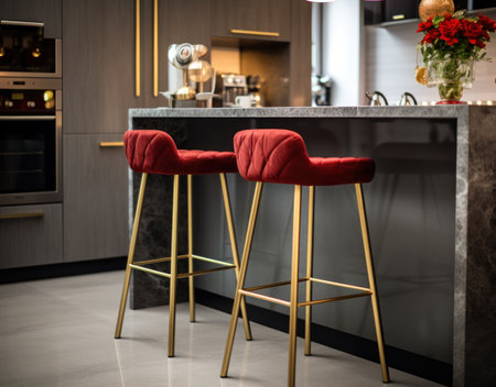 Interior of a modern kitchen with a bar stools and red chairsの素材