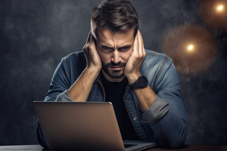 Upset young man sitting at the table in front of laptop.の素材