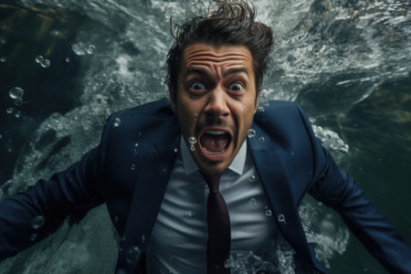 Businessman drowning in the water with his hands on his head.の素材