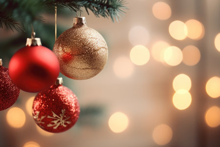 Christmas tree branch with baubles on bokeh lights backgroundの素材