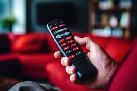 Close-up of man holding remote control while sitting on sofa at homeの素材