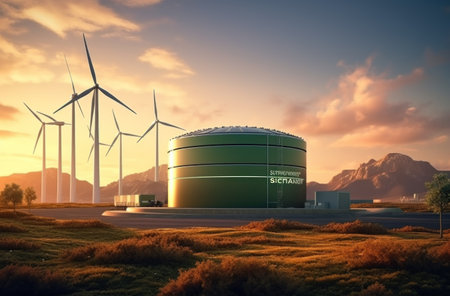 Wind Turbine Power Station at Sunset, 3D Renderingの素材