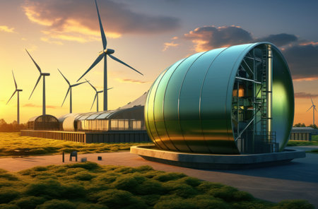 Industrial landscape with wind turbines at sunset. 3D rendering.の素材