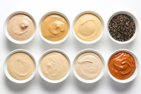 Bowls with different types of sauces on white background, top viewの素材