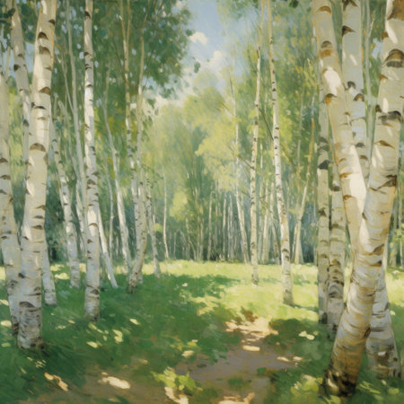 birch forest in sunlight in the morning, watercolor paintingの素材