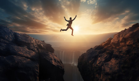 Silhouette of a man jumping over a waterfall. Mixed mediaの素材