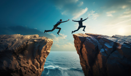 Businessman jumping from cliff to the sea. 3D Renderingの素材