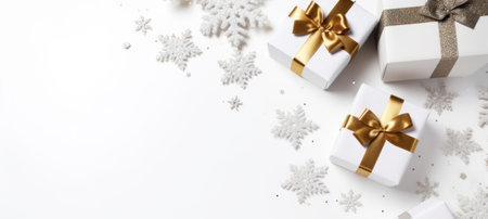 Christmas background. White gift boxes with golden bows, snowflakes on white background. Flat lay, top view, copy spaceの素材
