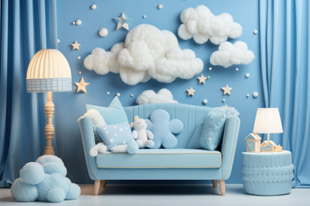 Cute baby room interior with blue sofa, pillows and toysの素材