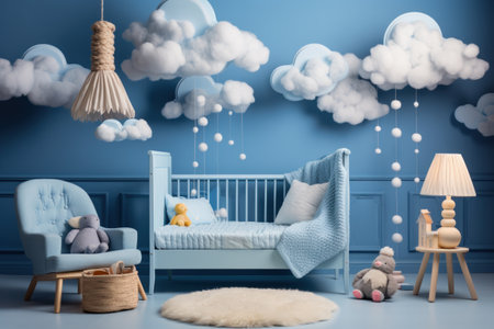 Baby room with blue walls, blue crib and blue armchair. 3d renderingの素材