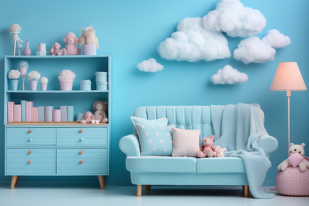 Beautiful baby room interior with comfortable sofa and toys on blue wallの素材