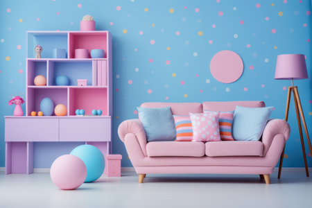 Interior of children's room with pink sofa, pink shelves and colorful toys. 3d renderの素材