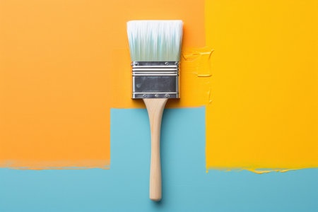 Paint brush on yellow and blue background with copy space, top viewの素材