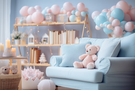 Interior of modern living room with blue sofa and pastel balloonsの素材